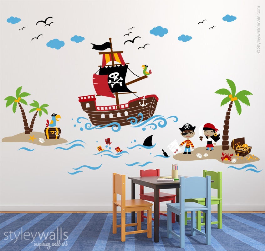 Pirates Wall Decal, Treasure Island Wall Decal, Playroom Wall Decals, Pirates Wall Sticker, Nursery Baby Room Decor, Pirate Ship Wall Decal