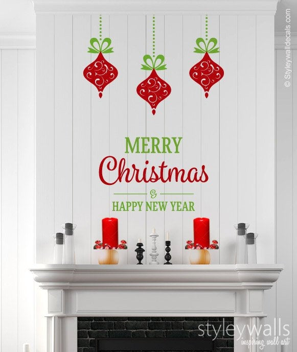 Merry Christmas Wall Decal, Holiday Ornament Wall Decal Sticker, Christmas Wall Decor, Christmas Balls Wall Decal, Happy New Year Sticker