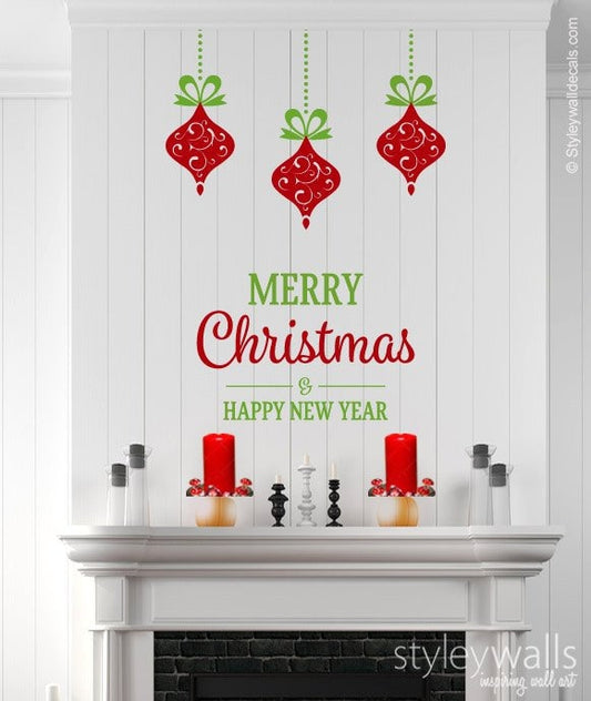 Merry Christmas Wall Decal, Holiday Ornament Wall Decal Sticker, Christmas Wall Decor, Christmas Balls Wall Decal, Happy New Year Sticker