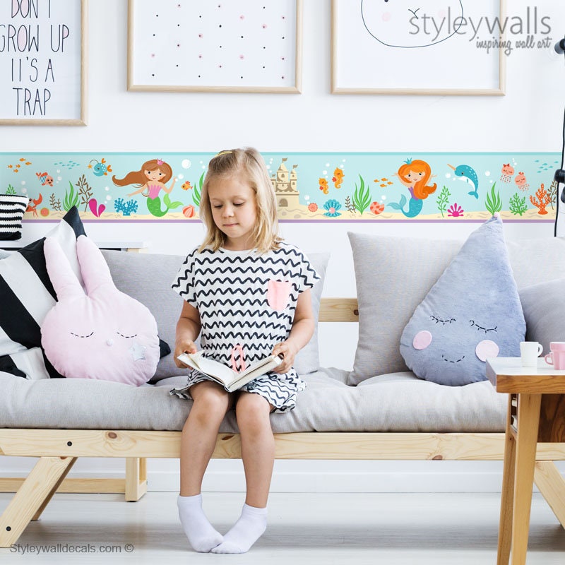 Mermaid Wall Border Decal, Mermaids Border Wall Decal, Repositionable Wall Border, Ocean Under the Sea Wall Decal, Girls Room Wall Decor