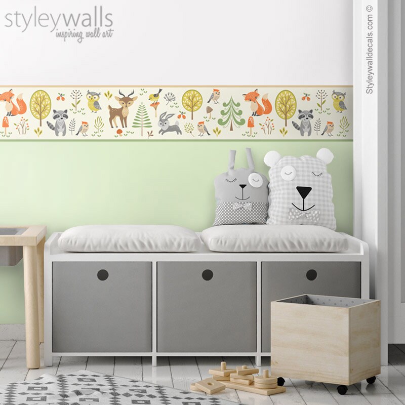 Woodland Animals Wall Border Decal, Forest Animals Border Wall Decal, Woodland Animals Repositionable Wall Border, Nursery Boys Room Decor