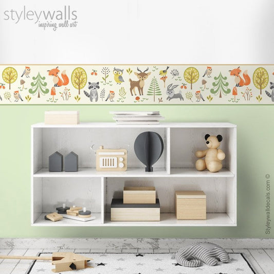 Woodland Animals Wall Border Decal, Forest Animals Border Wall Decal, Woodland Animals Repositionable Wall Border, Nursery Boys Room Decor