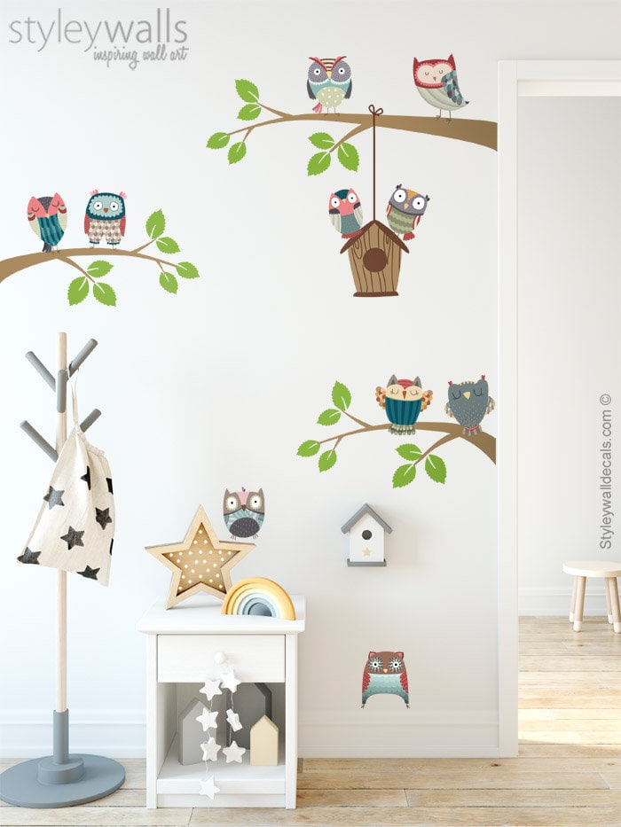 Owls Wall Decal, Branch Wall Decal, Branch and Owls Wall Sticker, Bird House Wall Decal, Owls Nursery Decor, Baby Room Kids Wall Decals