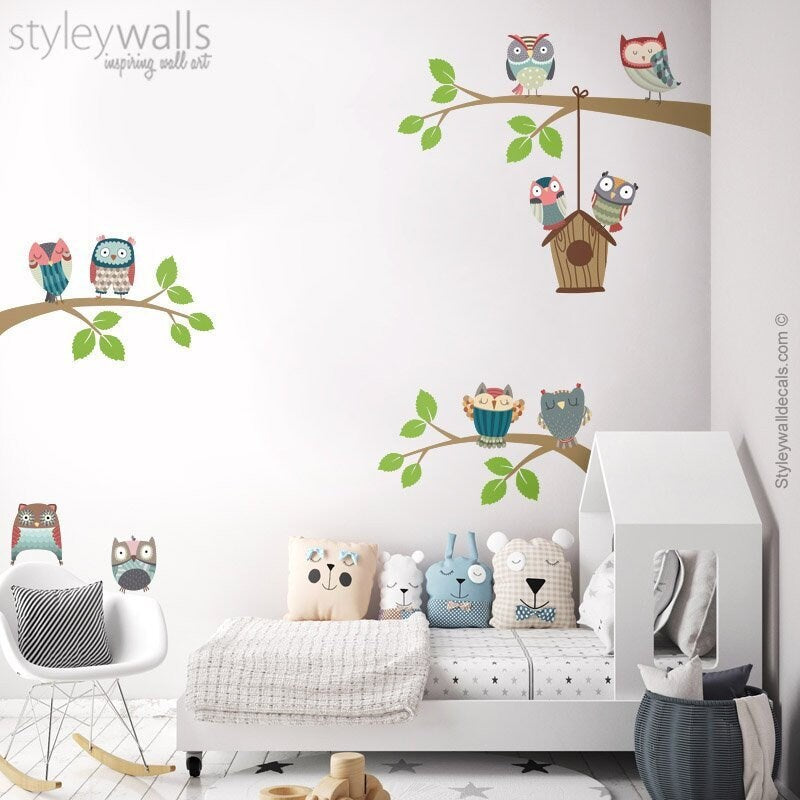Owls Wall Decal, Branch Wall Decal, Branch and Owls Wall Sticker, Bird House Wall Decal, Owls Nursery Decor, Baby Room Kids Wall Decals