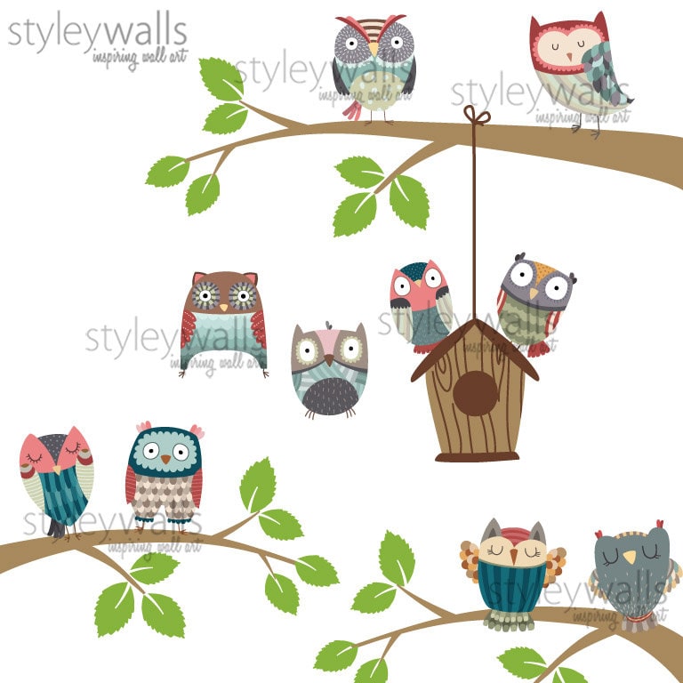 Owls Wall Decal, Branch Wall Decal, Branch and Owls Wall Sticker, Bird House Wall Decal, Owls Nursery Decor, Baby Room Kids Wall Decals