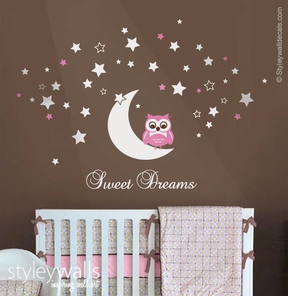 Owl Wall Decal, Owl Moon and Stars Wall Decal, Sweet Dreams Vinyl Lettering, Moon and Stars Wall Decal, Owl Stars Nursery Kids Wall Sticker