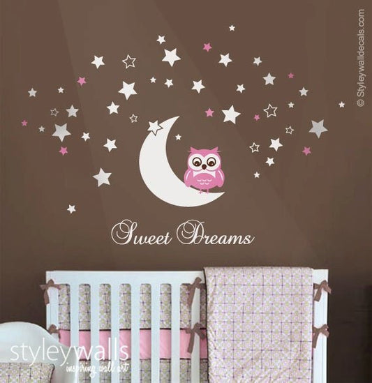 Owl Wall Decal, Owl Moon and Stars Wall Decal, Sweet Dreams Vinyl Lettering, Moon and Stars Wall Decal, Owl Stars Nursery Kids Wall Sticker