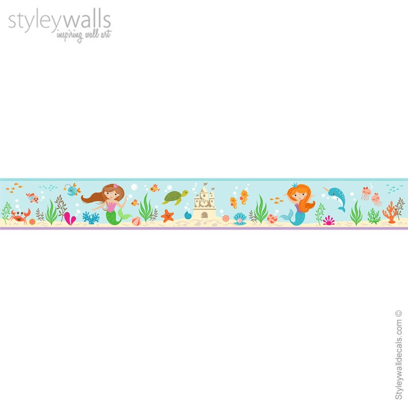 Mermaid Wall Border Decal, Mermaids Border Wall Decal, Repositionable Wall Border, Ocean Under the Sea Wall Decal, Girls Room Wall Decor
