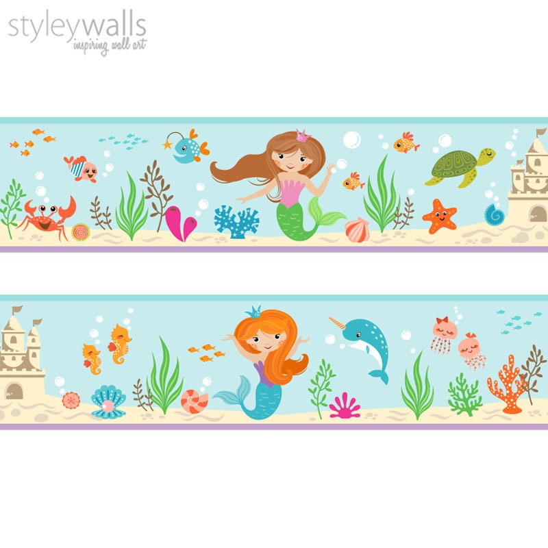 Mermaid Wall Border Decal, Mermaids Border Wall Decal, Repositionable Wall Border, Ocean Under the Sea Wall Decal, Girls Room Wall Decor