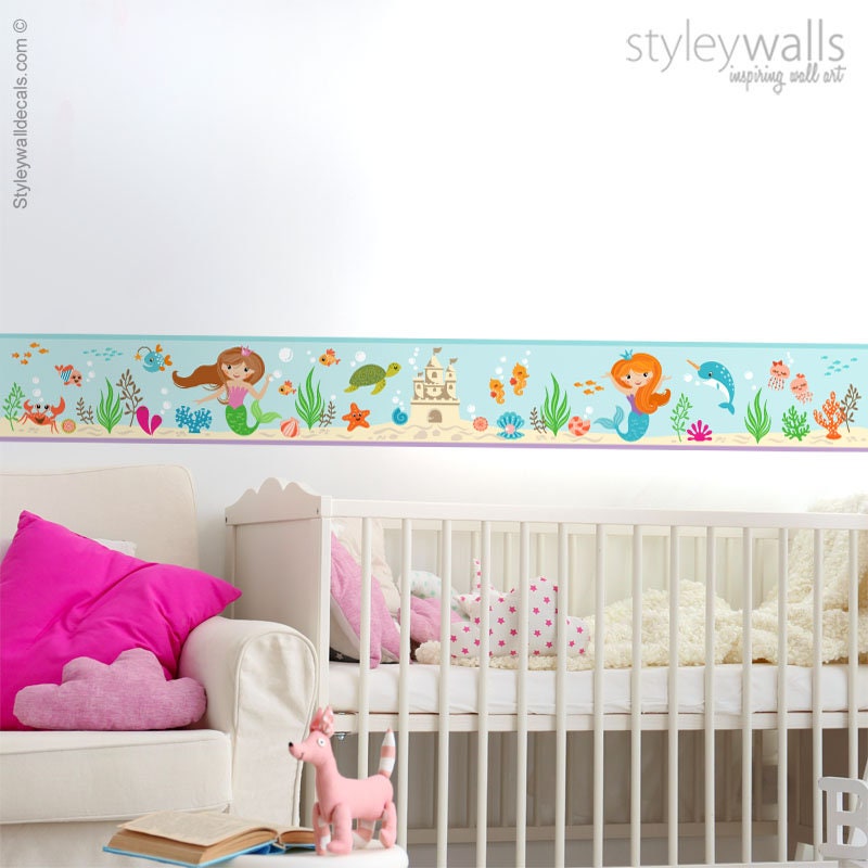 Mermaid Wall Border Decal, Mermaids Border Wall Decal, Repositionable Wall Border, Ocean Under the Sea Wall Decal, Girls Room Wall Decor