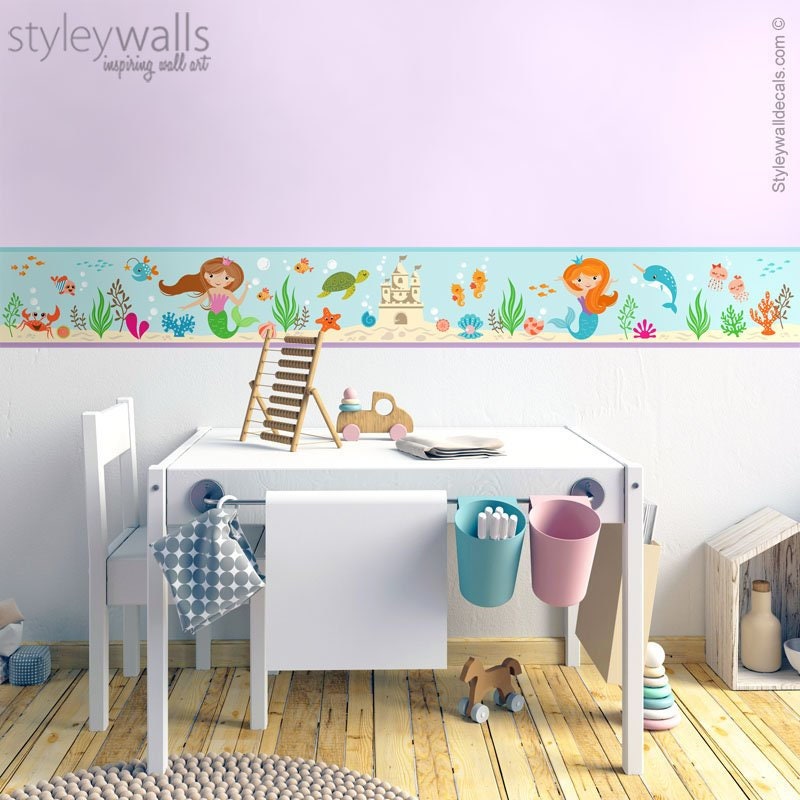 Mermaid Wall Border Decal, Mermaids Border Wall Decal, Repositionable Wall Border, Ocean Under the Sea Wall Decal, Girls Room Wall Decor
