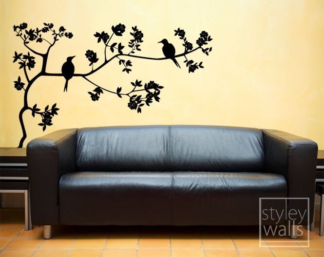 Sticker mural branche et oiseaux, autocollant mural oiseaux sur branche avec feuilles en vinyle, autocollant mural branche pour décoration intérieure, autocollant mural branche