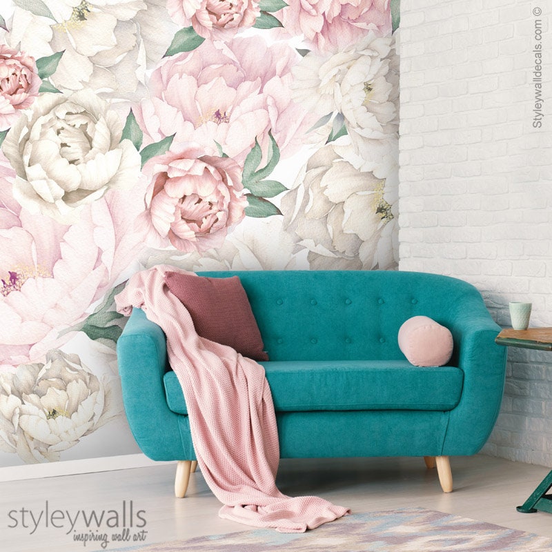 Peony Wallpaper, Peonies Floral Wallpaper, Pink White Watercolor Flowers Wallpaper, Repositionable Fabric, Peel and Stick, Self Adhesive