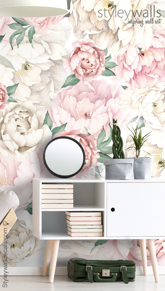 Peony Wallpaper, Peonies Floral Wallpaper, Pink White Watercolor Flowers Wallpaper, Repositionable Fabric, Peel and Stick, Self Adhesive