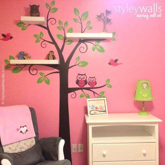 Owls Tree Wall Decal, Shelves Tree Wall Decal Nursery Decal Wall Sticker, Shelving Tree and Owls Wall Decal, Owls Tree Decal Sticker