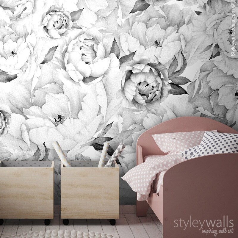 Peony Flowers Mural, Peony Wallpaper, Floral Wallpaper, Flowers Black and White Watercolor Flowers Wallpaper, Repositionable Fabric