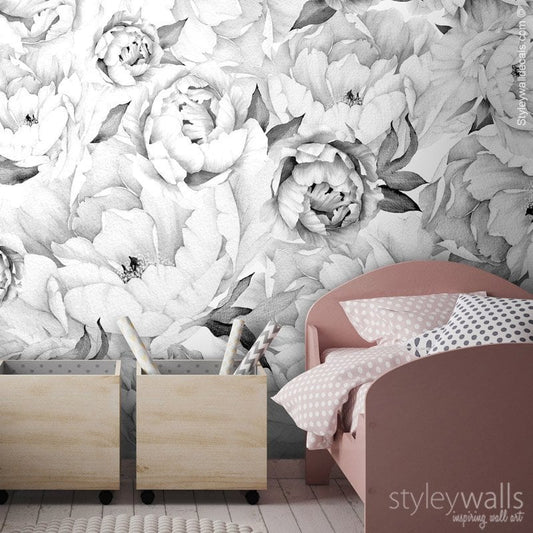 Pfingstrosen Tapete, Pfingstrosen Tapete, Blumen Wandbild Tapete, Blumen Schwarz und Weiß Aquarell Blumen Tapete, Mädchen Kinderzimmer Zimmer Dekor
