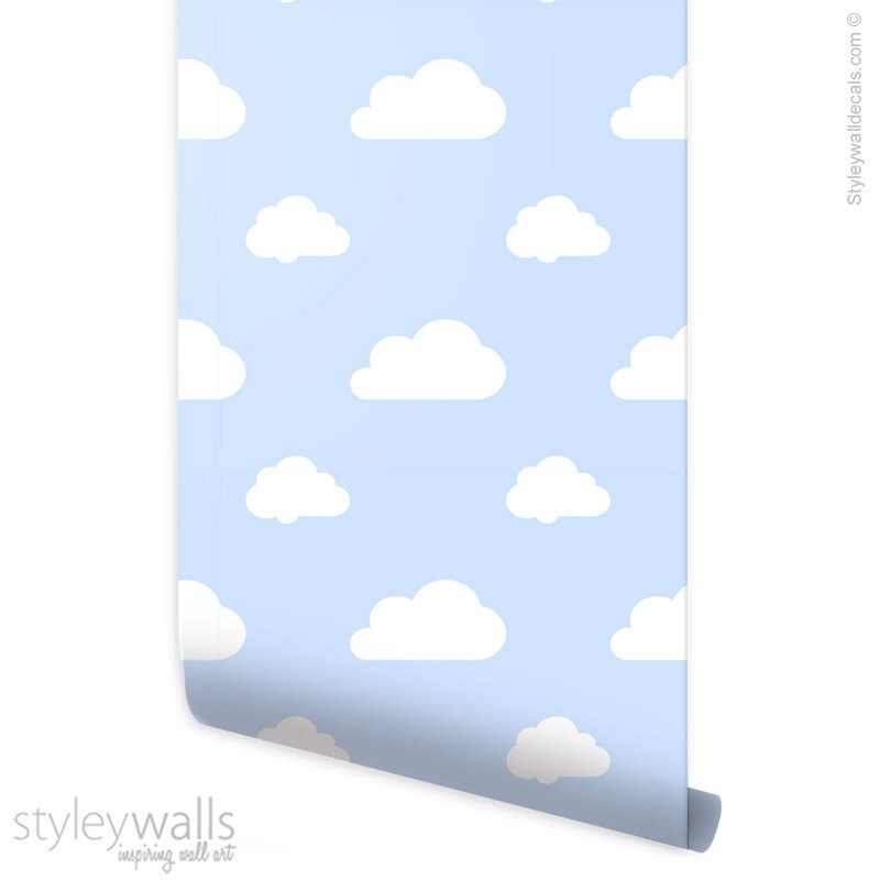 Papier peint nuages, papier peint à motif de nuages blancs, papier peint en tissu amovible repositionnable, décoration de chambre d'enfant, peler et coller, auto-adhésif