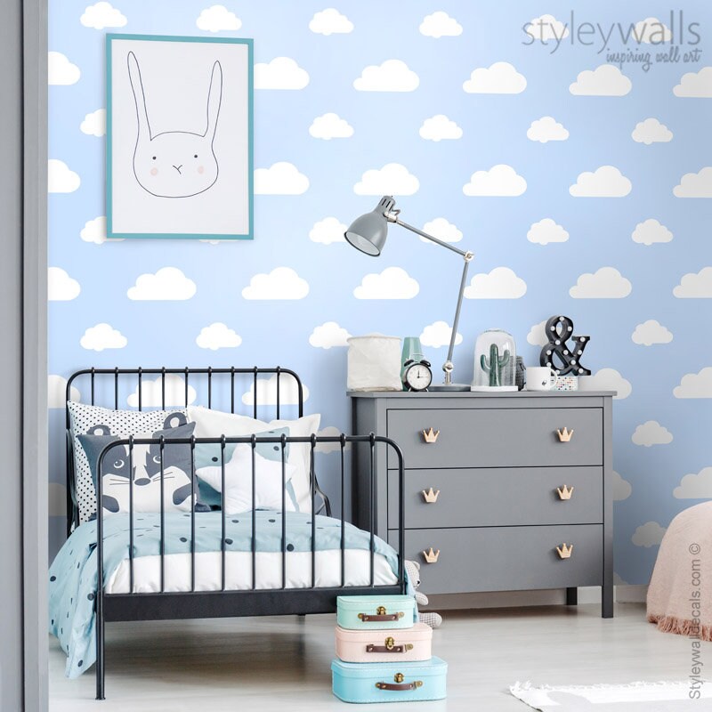 Papier peint nuages, papier peint à motif de nuages blancs, papier peint en tissu amovible repositionnable, décoration de chambre d'enfant, peler et coller, auto-adhésif