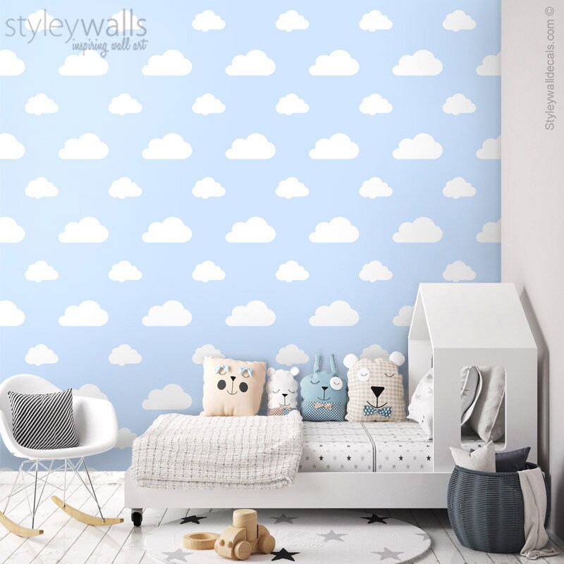 Papier peint nuages, papier peint à motif de nuages blancs, papier peint en tissu amovible repositionnable, décoration de chambre d'enfant, peler et coller, auto-adhésif