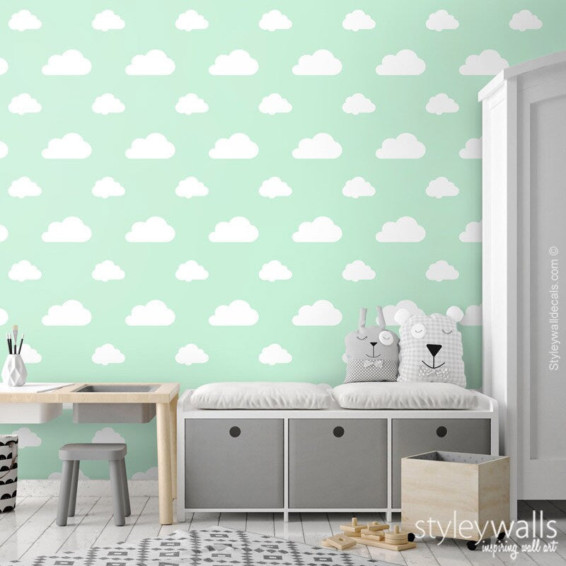 Papier peint nuages, papier peint à motif nuages blanc menthe, papier peint en tissu amovible repositionnable auto-adhésif, papier peint à décoller et à coller