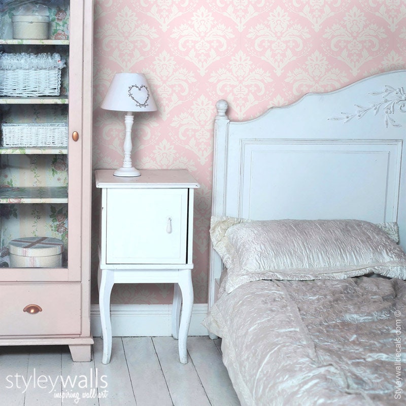 Papier peint damassé rose, décoration de chambre de fille, papier peint à motif damassé, tissu amovible auto-adhésif et repositionnable, décoller et coller