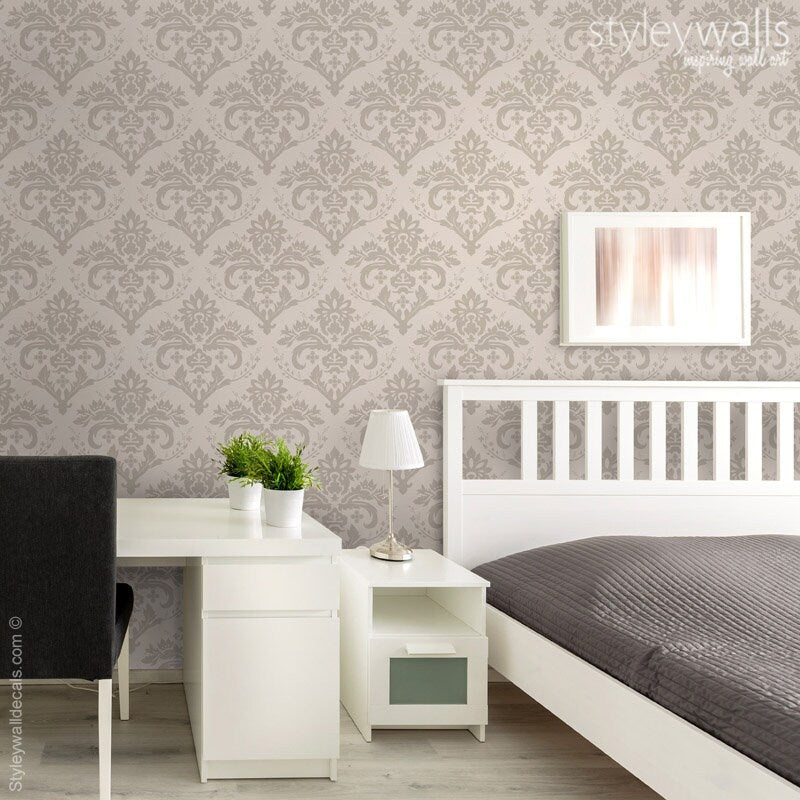 Damask Pattern Wallpaper, Gray Beige Brown Classic Damask Wallpaper, Home Decor, Repositionable Removable Fabric, Peel and Stick Wallpaper
