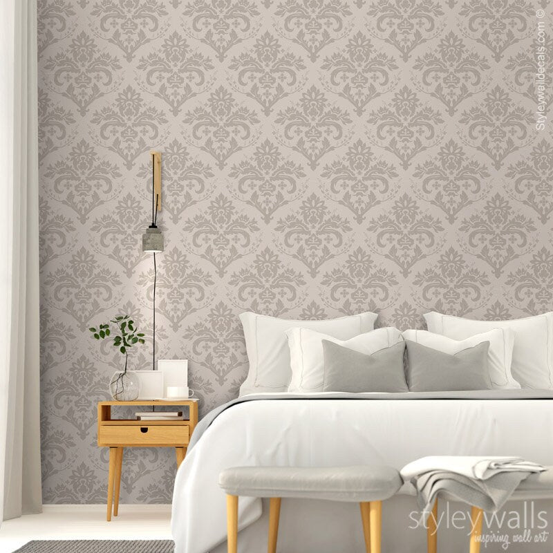 Damask Pattern Wallpaper, Gray Beige Brown Classic Damask Wallpaper, Home Decor, Repositionable Removable Fabric, Peel and Stick Wallpaper