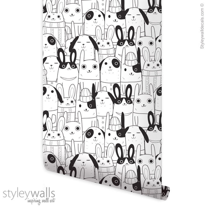 Rabbits Wallpaper, Kids Room Wallpaper, Animals Repositionable Removable Fabric Wallpaper, Kids Room Decor, Peel and Stick, Self Adhesive