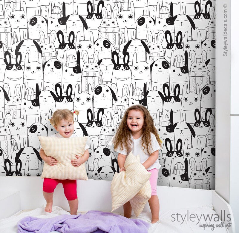 Rabbits Wallpaper, Kids Room Wallpaper, Animals Repositionable Removable Fabric Wallpaper, Kids Room Decor, Peel and Stick, Self Adhesive