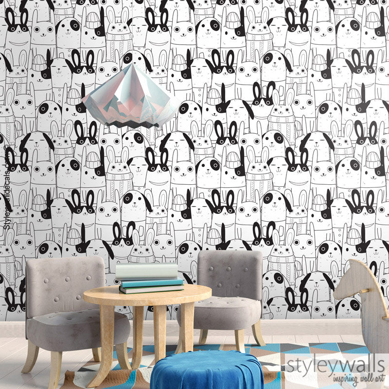 Rabbits Wallpaper, Kids Room Wallpaper, Animals Repositionable Removable Fabric Wallpaper, Kids Room Decor, Peel and Stick, Self Adhesive