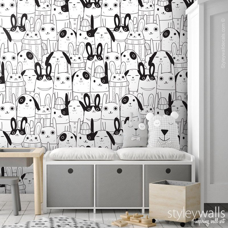 Rabbits Wallpaper, Kids Room Wallpaper, Animals Repositionable Removable Fabric Wallpaper, Kids Room Decor, Peel and Stick, Self Adhesive