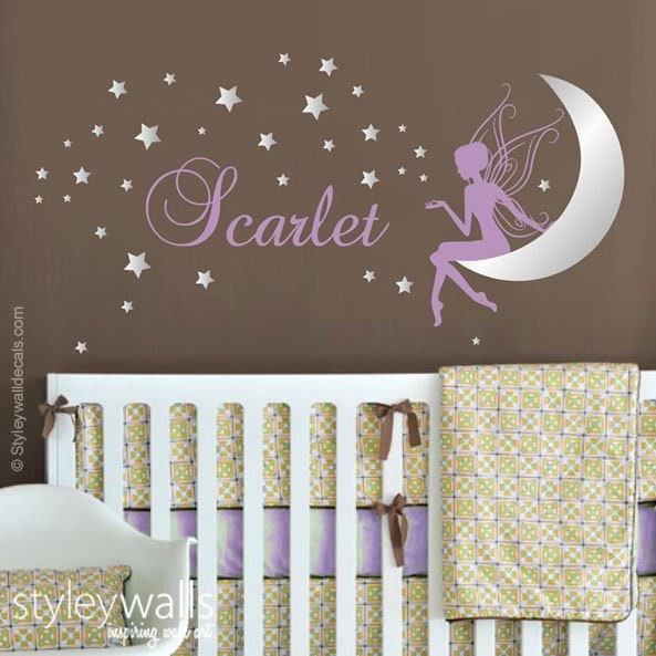 Fairy Wall Decal, Fairy Moon and Stars Wall Decal, Fairy Wall Sticker with Moon and Stars, Fairy Sticker for Girls Room Baby Nursery