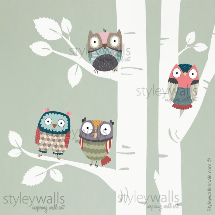 Birch Trees Wall Decal, Owls Wall Decal, Birch Trees and Owls Nursery Wall Decal, Forest Trees Wall Decal, Owls Wall Sticker, Owls Nursery