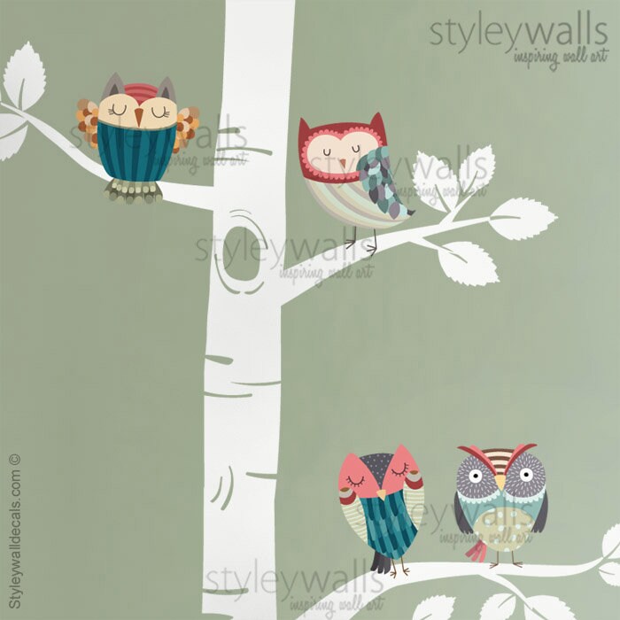 Birch Trees Wall Decal, Owls Wall Decal, Birch Trees and Owls Nursery Wall Decal, Forest Trees Wall Decal, Owls Wall Sticker, Owls Nursery
