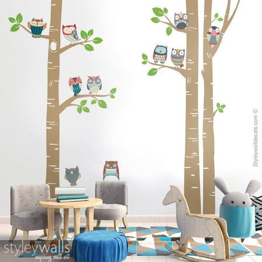 Eulen Wandtattoo, Birken Bäume Wandtattoo, Birken Bäume und Eulen Wandtattoo, Eulen Wandtattoo, Kindergarten Wald Bäume Wandtattoo, Eulen Kindergarten
