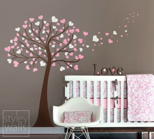 Tree Wall Decal, Tree with Hearts Wall Decal, Tree Wall Sticker, Hearts Wall Decal, Hearts Wall Sticker, Love Tree Nursery Wall Decal