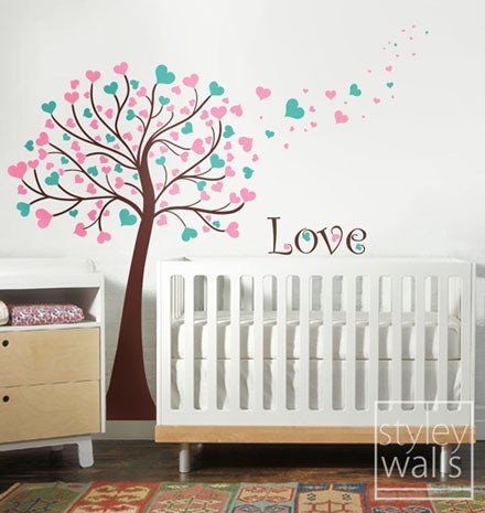 Tree Wall Decal, Tree with Hearts Wall Decal, Tree Wall Sticker, Hearts Wall Decal, Hearts Wall Sticker, Love Tree Nursery Wall Decal