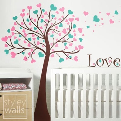 Tree Wall Decal, Tree with Hearts Wall Decal, Tree Wall Sticker, Hearts Wall Decal, Hearts Wall Sticker, Love Tree Nursery Wall Decal