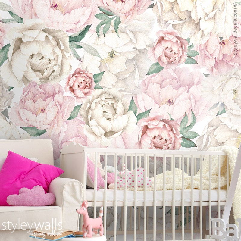 Peony Wallpaper, Peonies Floral Wallpaper, Pink White Watercolor Flowers Wallpaper, Repositionable Fabric, Peel and Stick, Self Adhesive