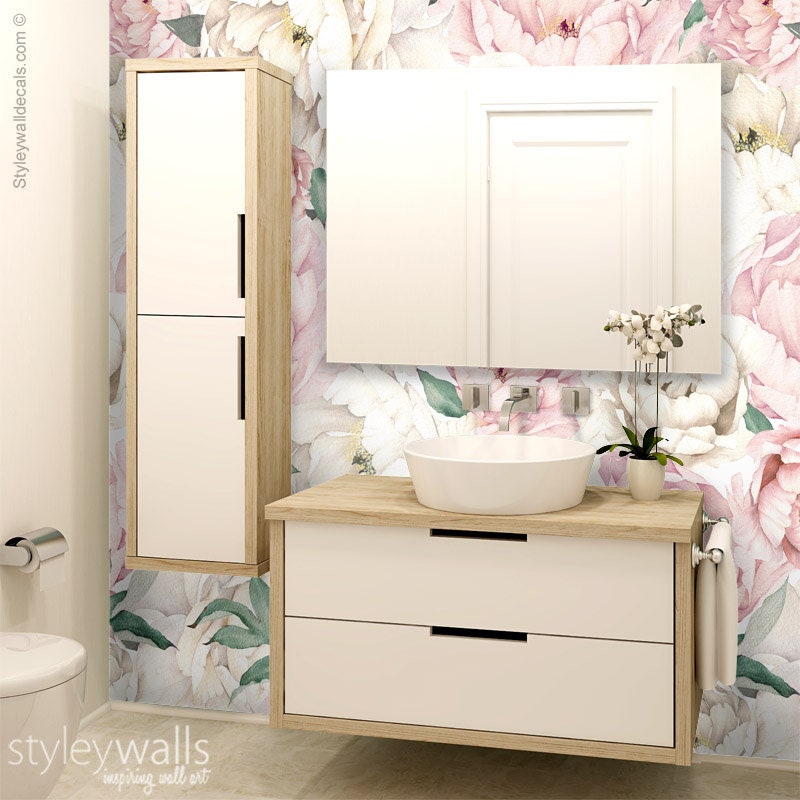Peony Wallpaper, Peonies Floral Wallpaper, Pink White Watercolor Flowers Wallpaper, Repositionable Fabric, Peel and Stick, Self Adhesive