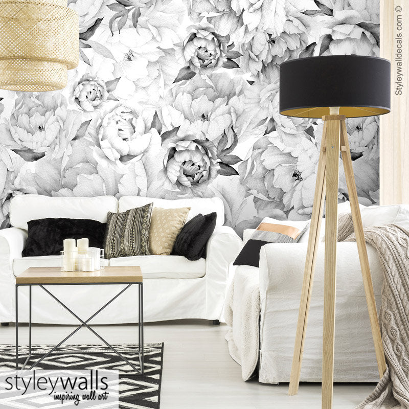 Peony Flowers Mural, Peony Wallpaper, Floral Wallpaper, Flowers Black and White Watercolor Flowers Wallpaper, Repositionable Fabric