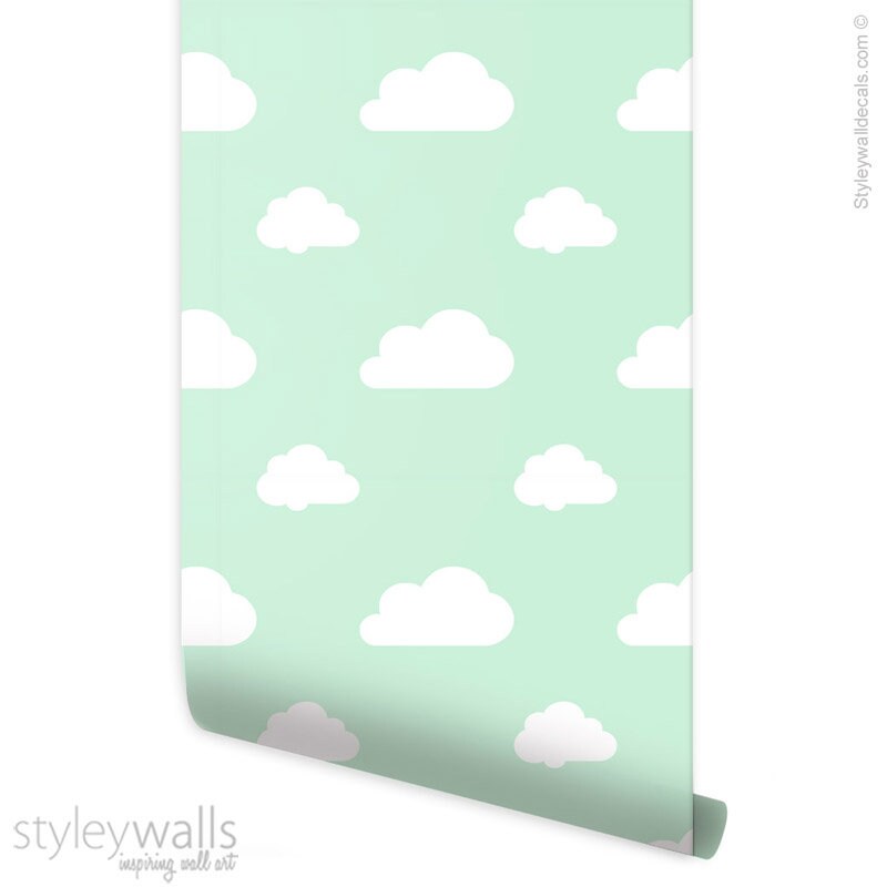 Papier peint nuages, papier peint à motif nuages blanc menthe, papier peint en tissu amovible repositionnable auto-adhésif, papier peint à décoller et à coller