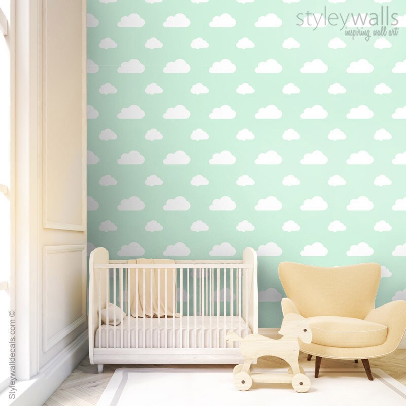 Papier peint nuages, papier peint à motif nuages blanc menthe, papier peint en tissu amovible repositionnable auto-adhésif, papier peint à décoller et à coller
