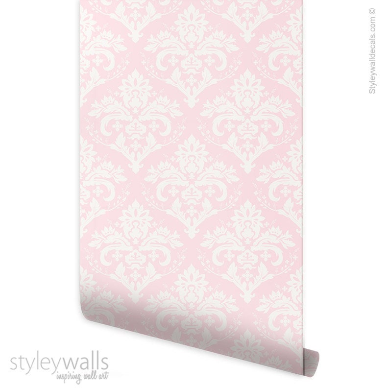 Papier peint damassé rose, décoration de chambre de fille, papier peint à motif damassé, tissu amovible auto-adhésif et repositionnable, décoller et coller