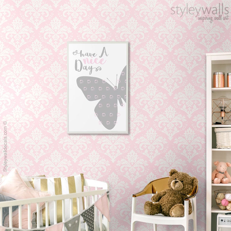 Papier peint damassé rose, décoration de chambre de fille, papier peint à motif damassé, tissu amovible auto-adhésif et repositionnable, décoller et coller