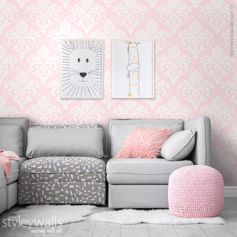 Papier peint damassé rose, décoration de chambre de fille, papier peint à motif damassé, tissu amovible auto-adhésif et repositionnable, décoller et coller