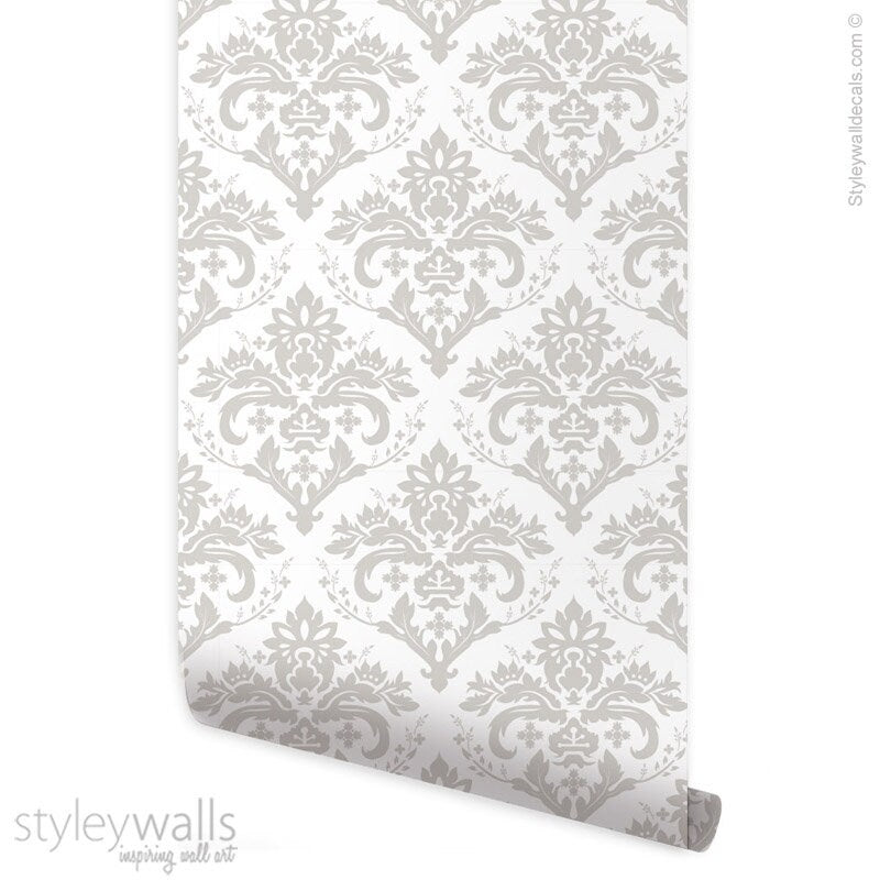 Damask Wallpaper, White Gray Beige Classic Damask Pattern Wallpaper, Self Adhesive and Repositionable Removable Fabric, Peel and Stick