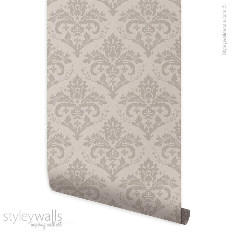 Damask Pattern Wallpaper, Gray Beige Brown Classic Damask Wallpaper, Home Decor, Repositionable Removable Fabric, Peel and Stick Wallpaper