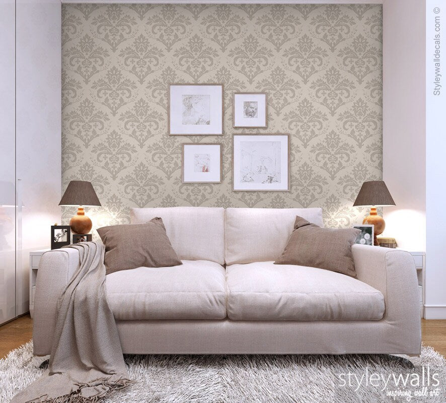Damask Pattern Wallpaper, Gray Beige Brown Classic Damask Wallpaper, Home Decor, Repositionable Removable Fabric, Peel and Stick Wallpaper
